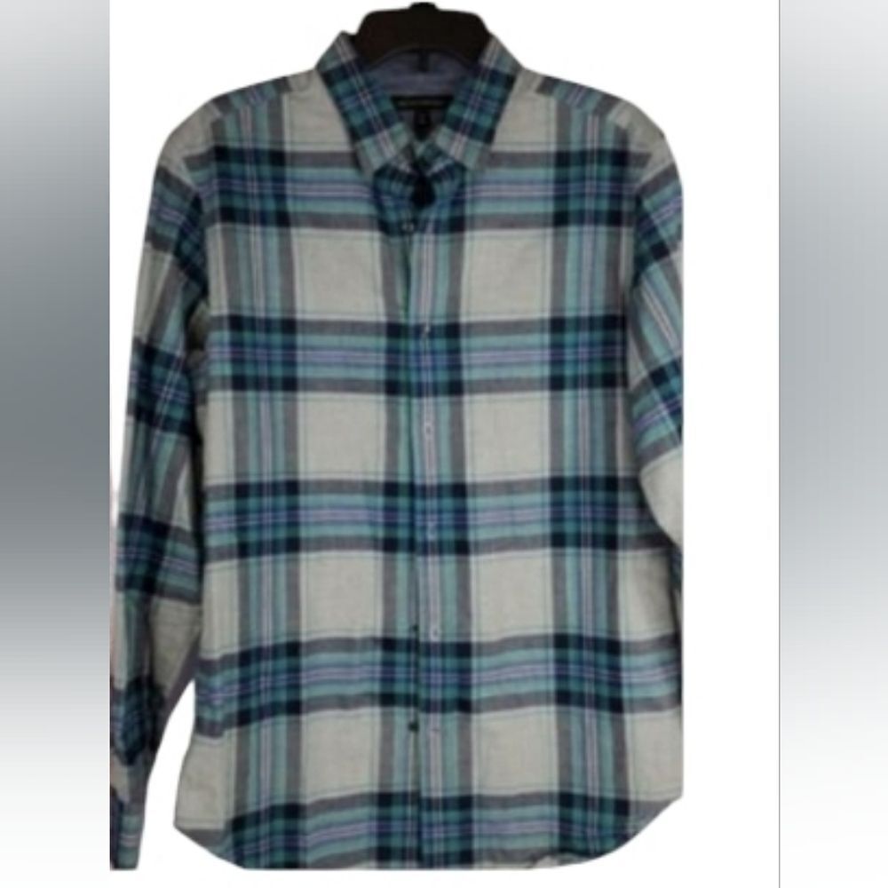 M BANANA REPUBLIC blue green plaid long sleeve button down shirt MEDIUM